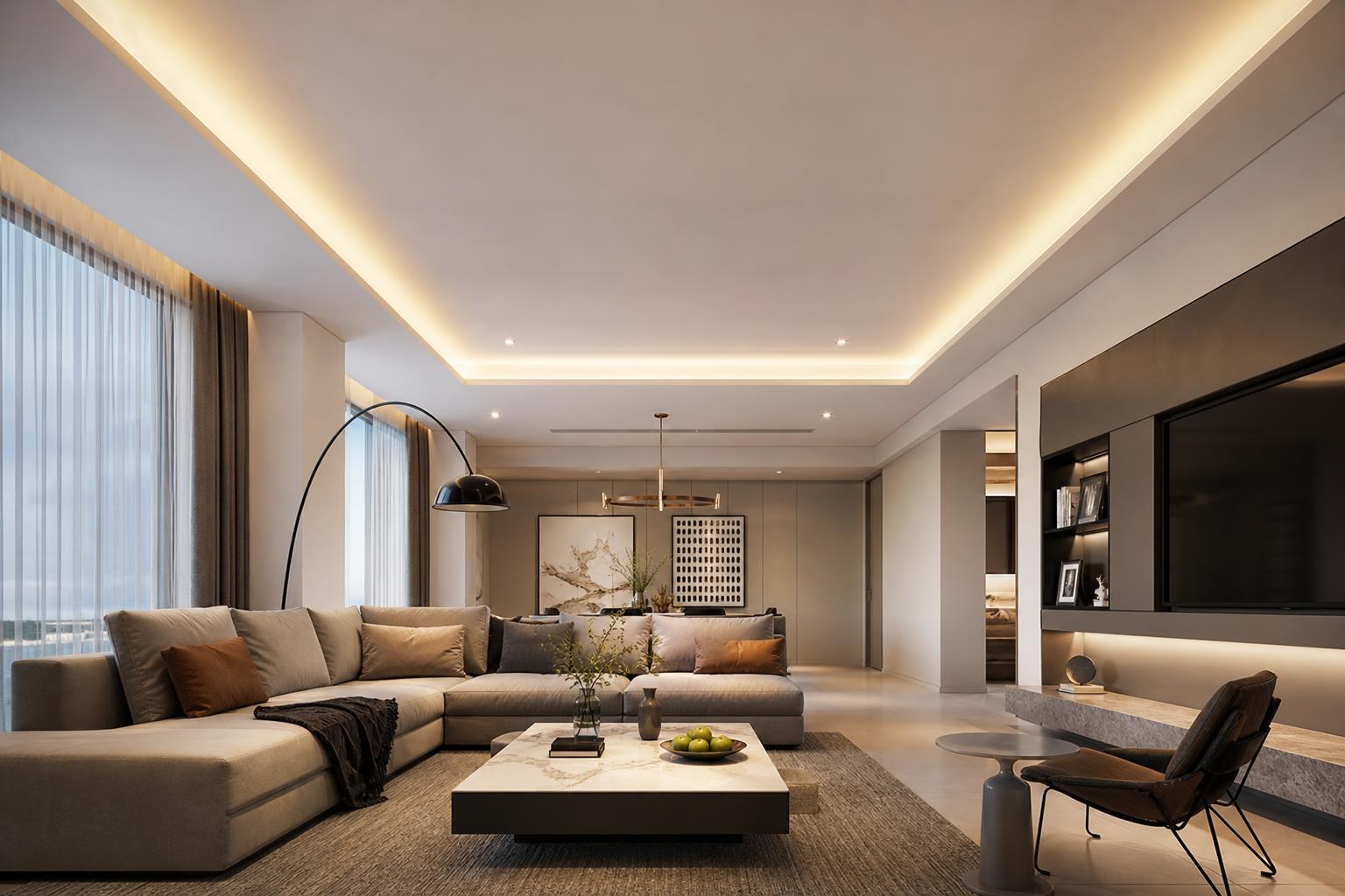 Soggiorno con controsoffitto moderno